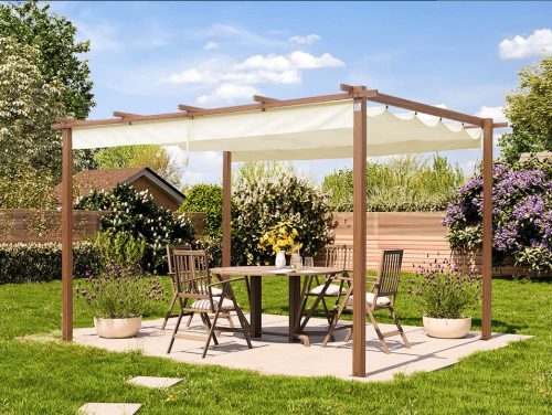 3x4m Classic Pergola, fa hatású, napvitorla, pezsgő szín