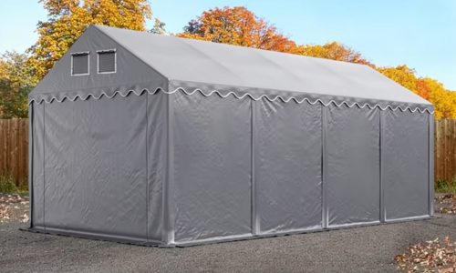 IPARI SÁTOR 4x8x2,6m, PVC PONYVA, SZÜRKE, PADLÓKERETTEL